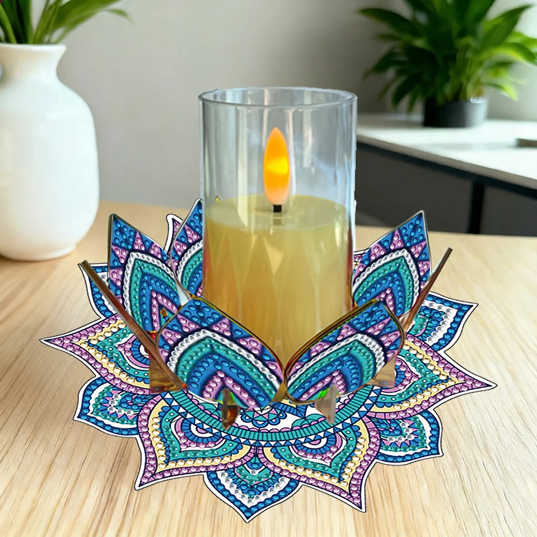 Mandala Lotus-E Acrylic DIY Diamond Painting Candle Holders Without Candles Crystal Painting Tealight Candle Stand Table Centerpiece for Adults Beginners Home Party Decor
