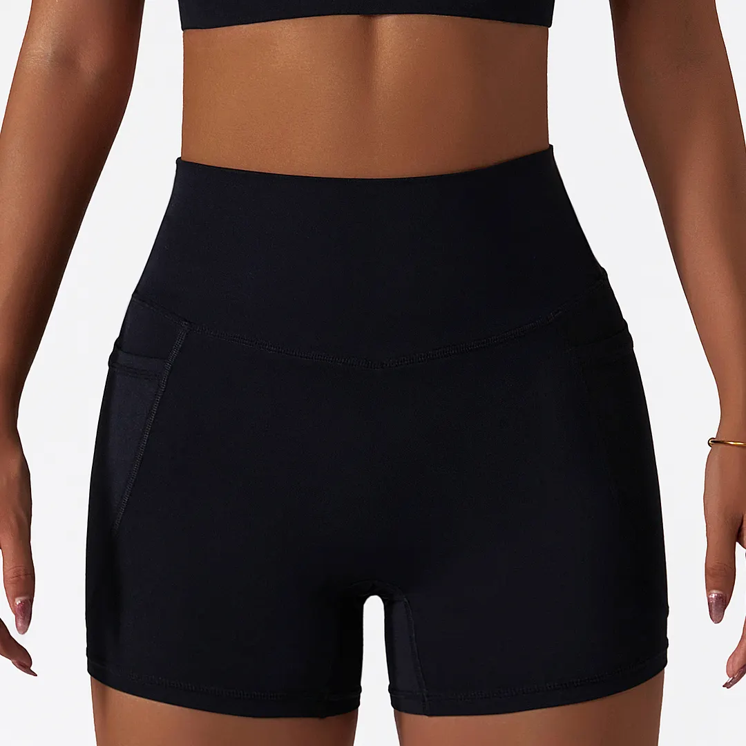 Buy Black ice silk cloud feeling no front seam yoga biker shorts with side pockets of high quality on Hergymclothing