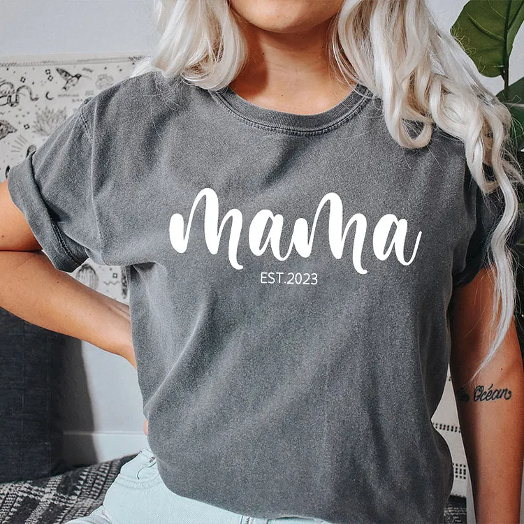 Personalised Chest Text Customization Mama Est Year T-shirt, with Children's Names on the Sleeve, Mother's Day Gift