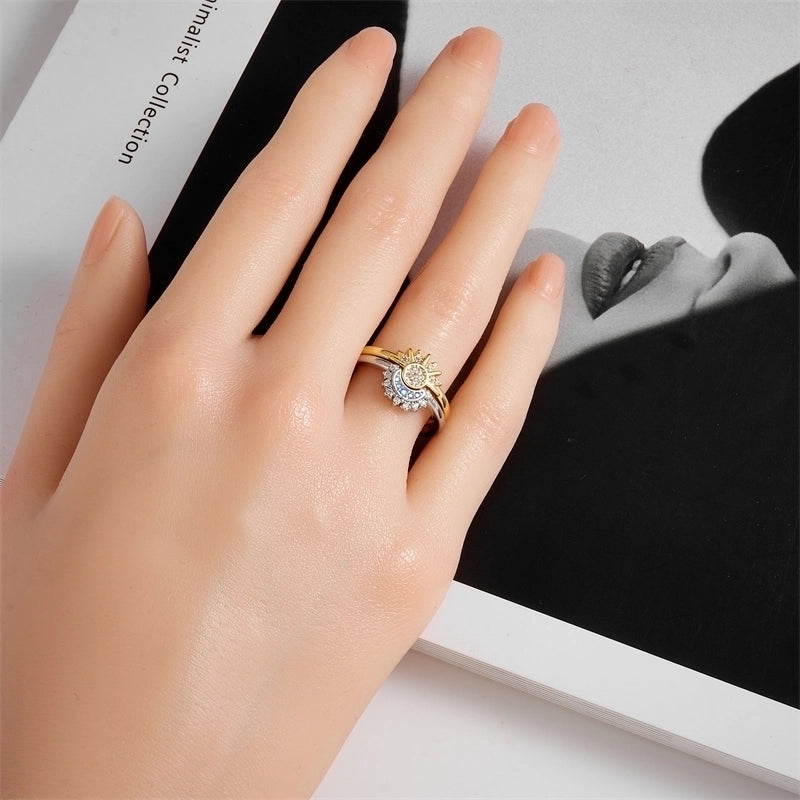 Copper Inlay Sun Moon Artificial Rhinestones Open Rings