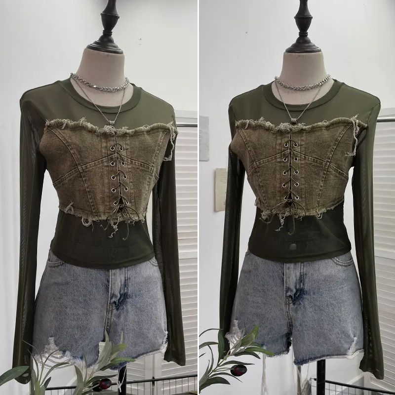 Churchf Vintage Babes Cowboy Spliced Tiring Strapped With Long Sleeves Short Mesh T-Shirt 2639