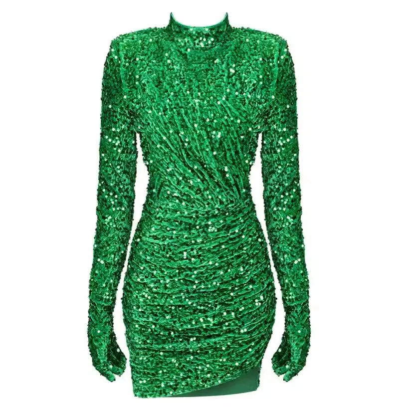 Brownm New Hot Green Sleeves Small High-Neck Dress Fashion Party Show Dress