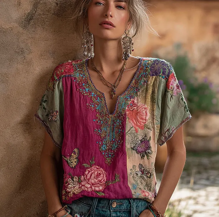 Bohemian Style V-neck Butterfly And Flower Embroidery Cotton And Linen Short Sleeve