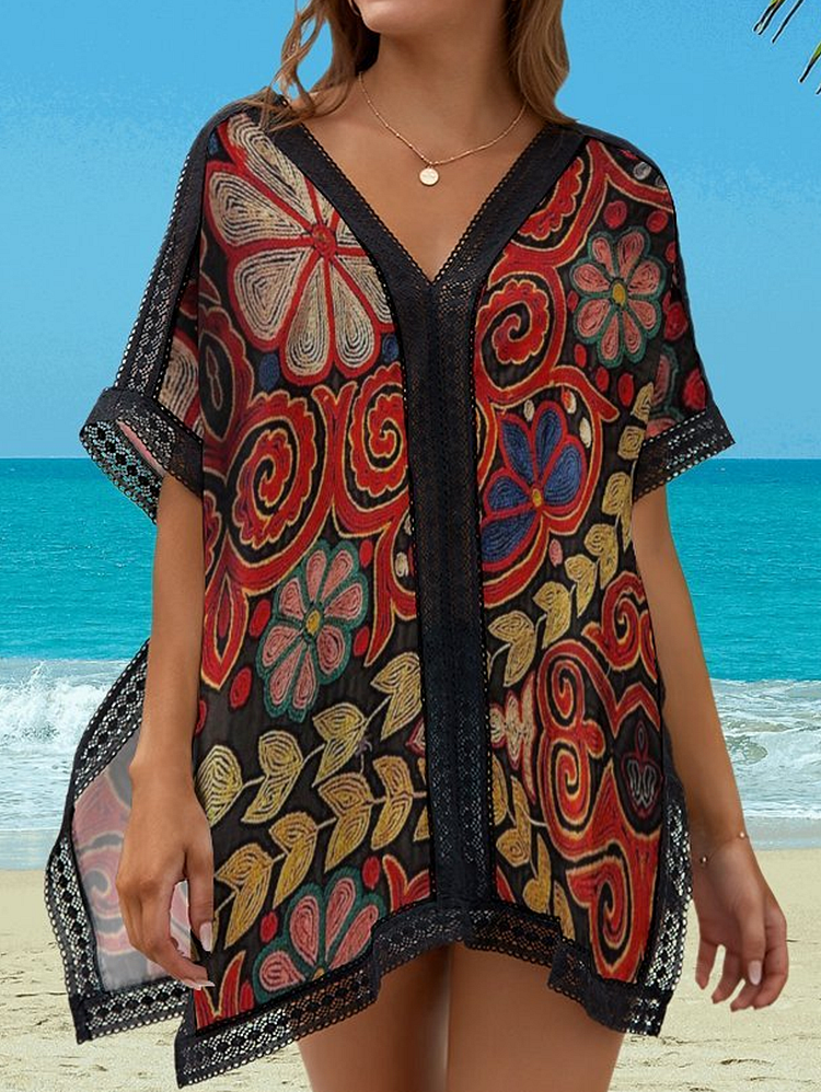 Swimwear Floral Pattern V Neck Vacation Cover Up