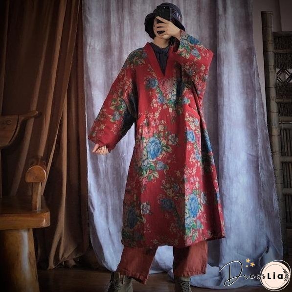 Loose Cotton Printed V Neck Padded Dress Ladies Vintage Robes Female