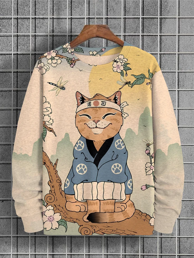 Men's Japan Art Cat Sakura Print Casual Sweatshirt
