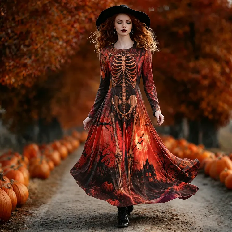 Women's Halloween Skull Gothic Dark Red Blood Moon Haunted House Pumpkin Print Flowy Long Dress