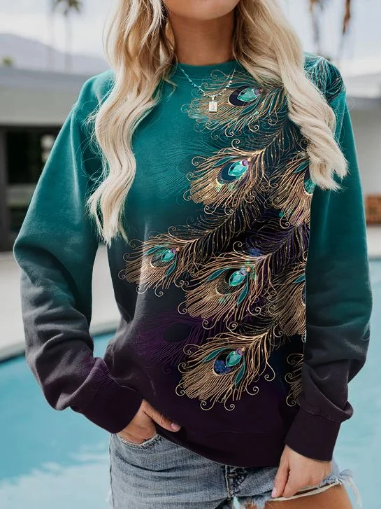 Loose Feather Print Long Sleeve Crew Neck Sweatshirt