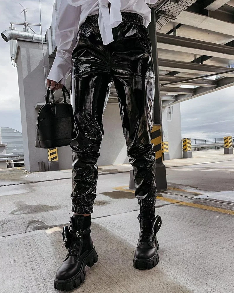 High Waist Shinning Leather Ruched Pants-verytown-Allyzone