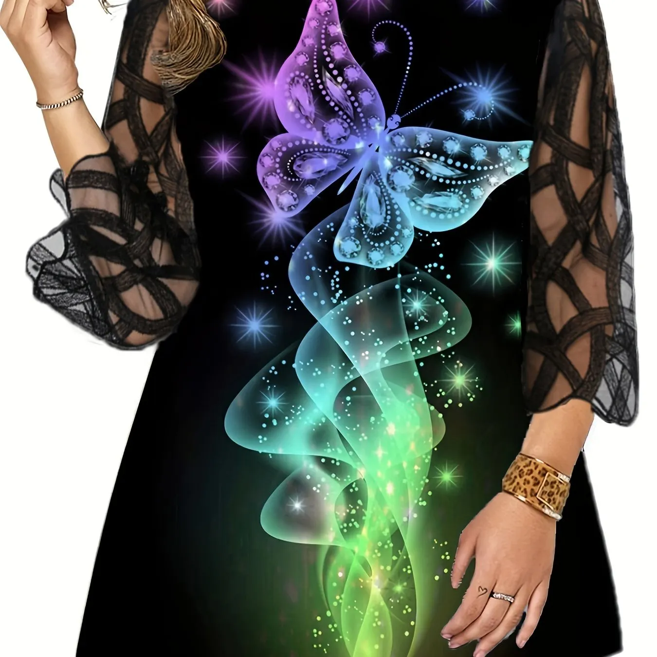Plus Size Casual T-Shirt Womens Glitter Butterfly Print Contrast Lace Half Sleeve