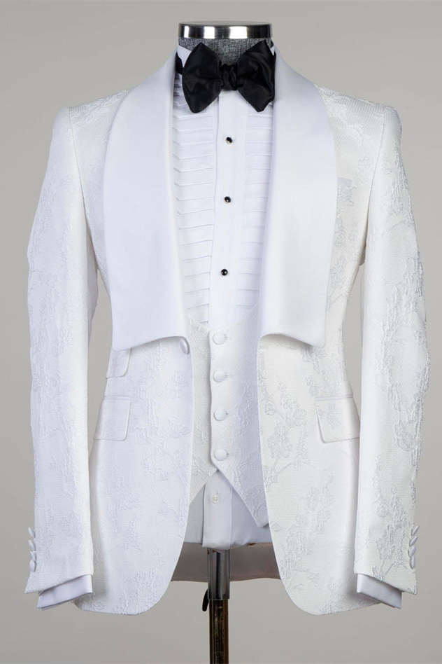 Three Pieces White Jacquard Shawl Lapel Men Suits For Wedding | Risias