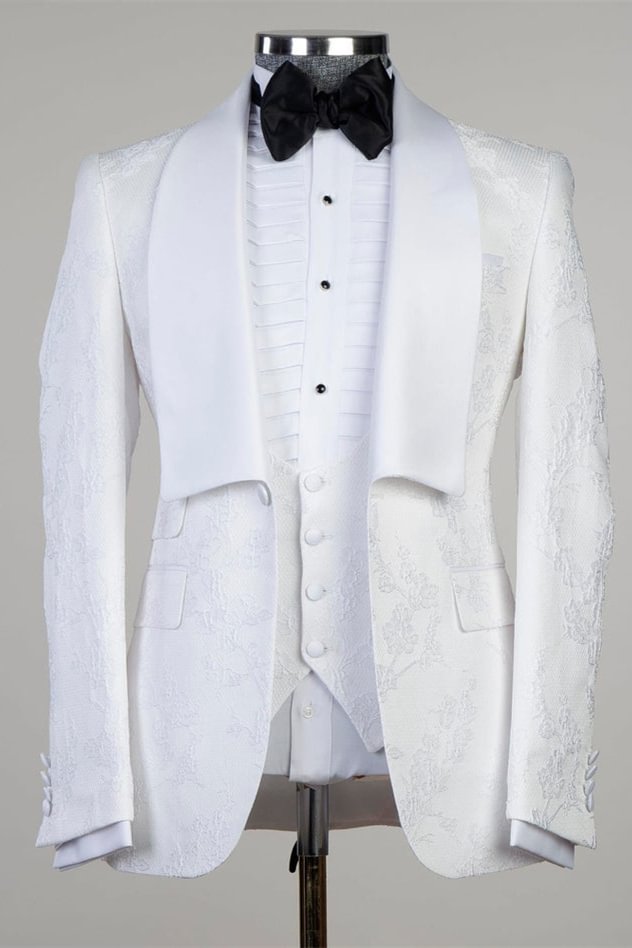 Three Pieces White Jacquard Shawl Lapel Men Suits For Wedding | Ballbellas Ballbellas