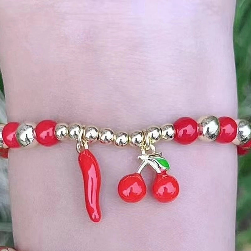 Casual Vacation Minimalist Cherry Watermelon Chili Copper 18K Gold Plated Beaded Enamel Plating Bracelets