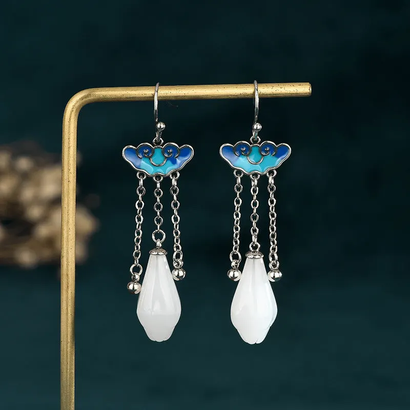 White Jade Ethnic Chinese Style Tassel Dangle Drop Earrings
