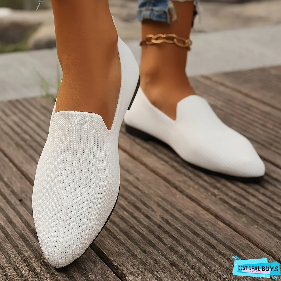 Cozy Womens Knitted Flat Shoes - Soft, Breathable, and Comfortable Slip-On Shoes with Pointed Toe, Rubber Sole, and Fabric Upper for Daily Wear