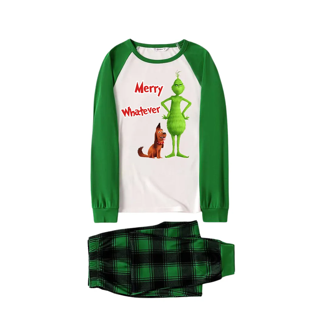 Cartoon Pattern and "Merry Whatever" Printed Green Plaid Long Sleeve Christmas Family Pajamas