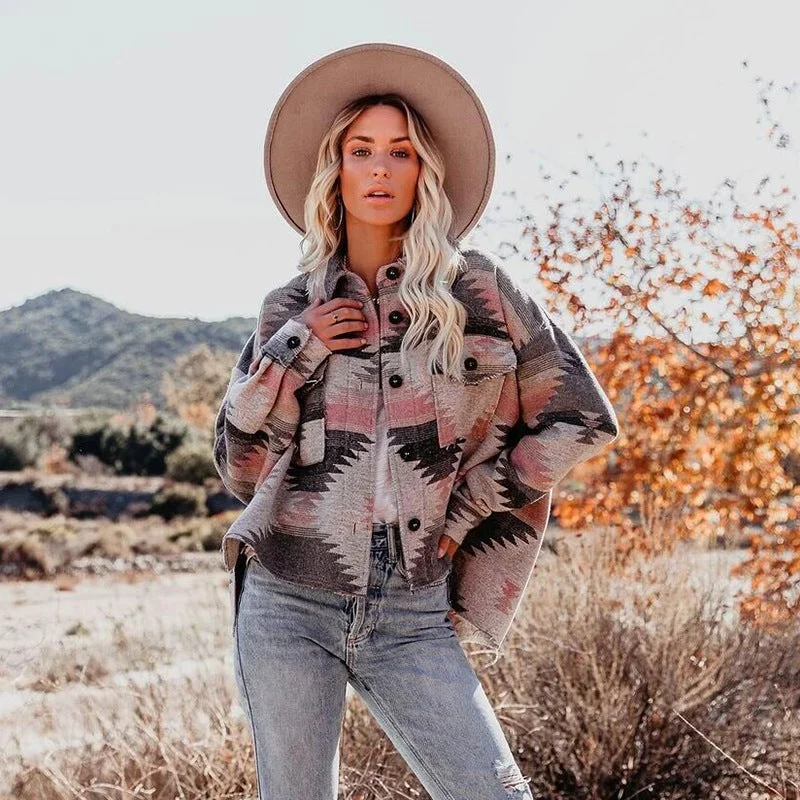 Women's Aztec Jacket Geometric Slit Button Pocket Coat