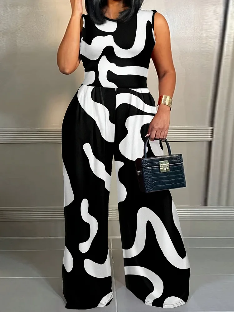 Women's Casual Black & White Abstract Stripe Printed Sleeveless Off Shoulder Loose Plus Size Jumpsuit - Polyester, Spring/Summer, Machine Washable, Relaxed Fit, Elegant Design, Ladies Rompers And Jumpsuit