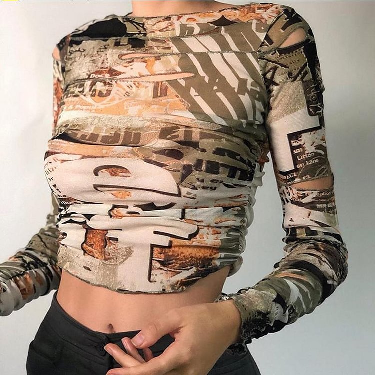 Autumn Stacked Cut Out Hole Female Tshirt Gothic Street Fashion Graphic Crop Tops Casual Basic Tees Woman Selling New - Life is Beautiful for You - SheChoic