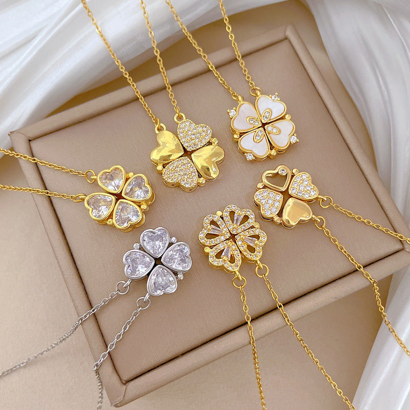 Women’S Necklace Two-Piece Heart-To-Heart Opening And Closing Four-Leaf Flower Full Diamond All-Match Clavicle Chain Titanium Steel
