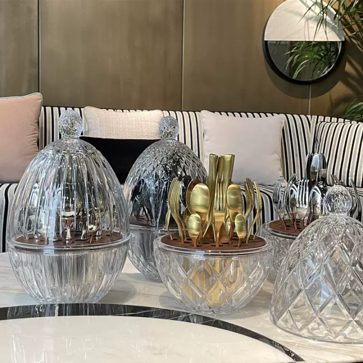 Crystal Glass Egg Shaped Cutlery Organizer with Walnut Compartment - Appledas
