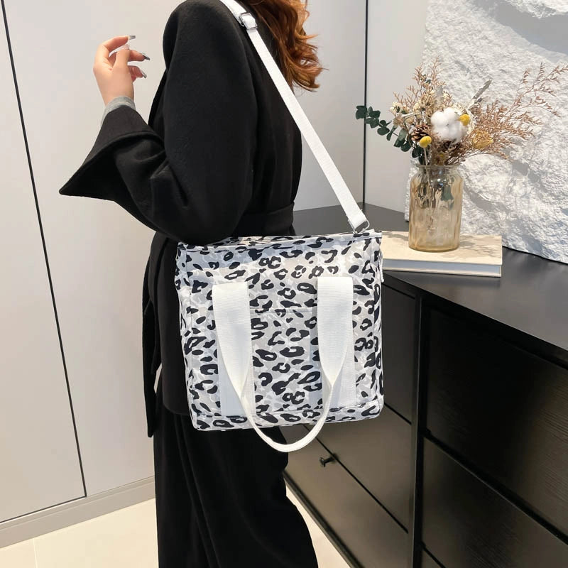 Women’s Nylon Leopard Classic Style Square Zipper Tote Bag