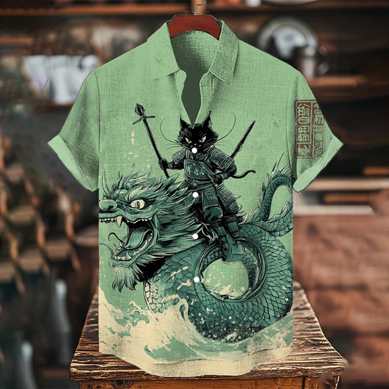 Men's Black Cat Samurai And Dragon Print Short Sleeve Shirt
