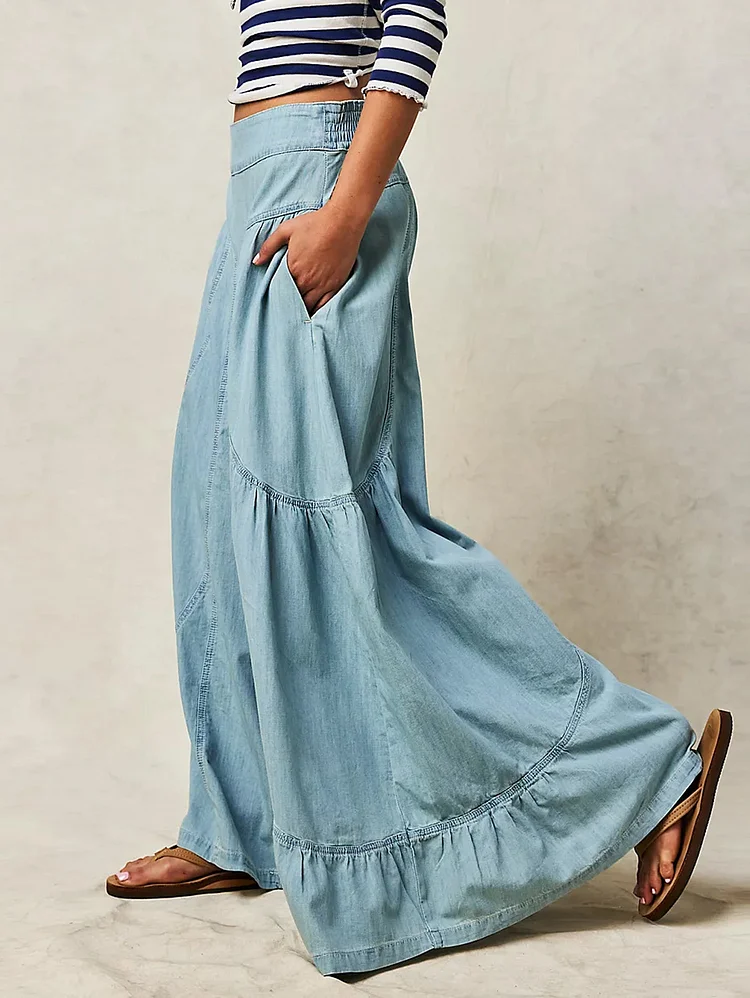 Casual Plain Pocket Elastic Waist Loose Wide Leg Spliced Pants