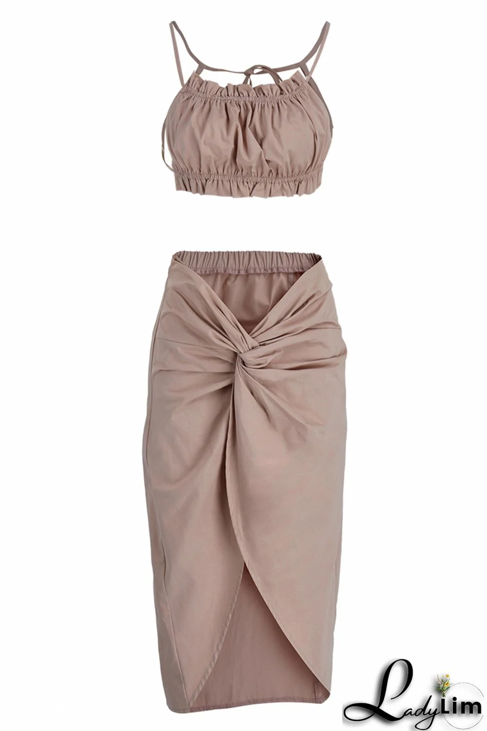 Apricot Sexy Casual Solid Bandage Backless Asymmetrical Halter Sleeveless Two Pieces