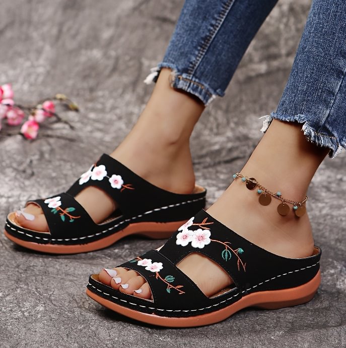 🔥Last Day Sale-[SAVE 50% OFF]-- Women's Orthopedic Flower Embroidered Wedges Sandals-BUY 2 FREE SHIPPING