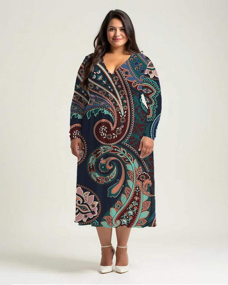 Paisley Print Casual V-Neck Long Sleeve Dress