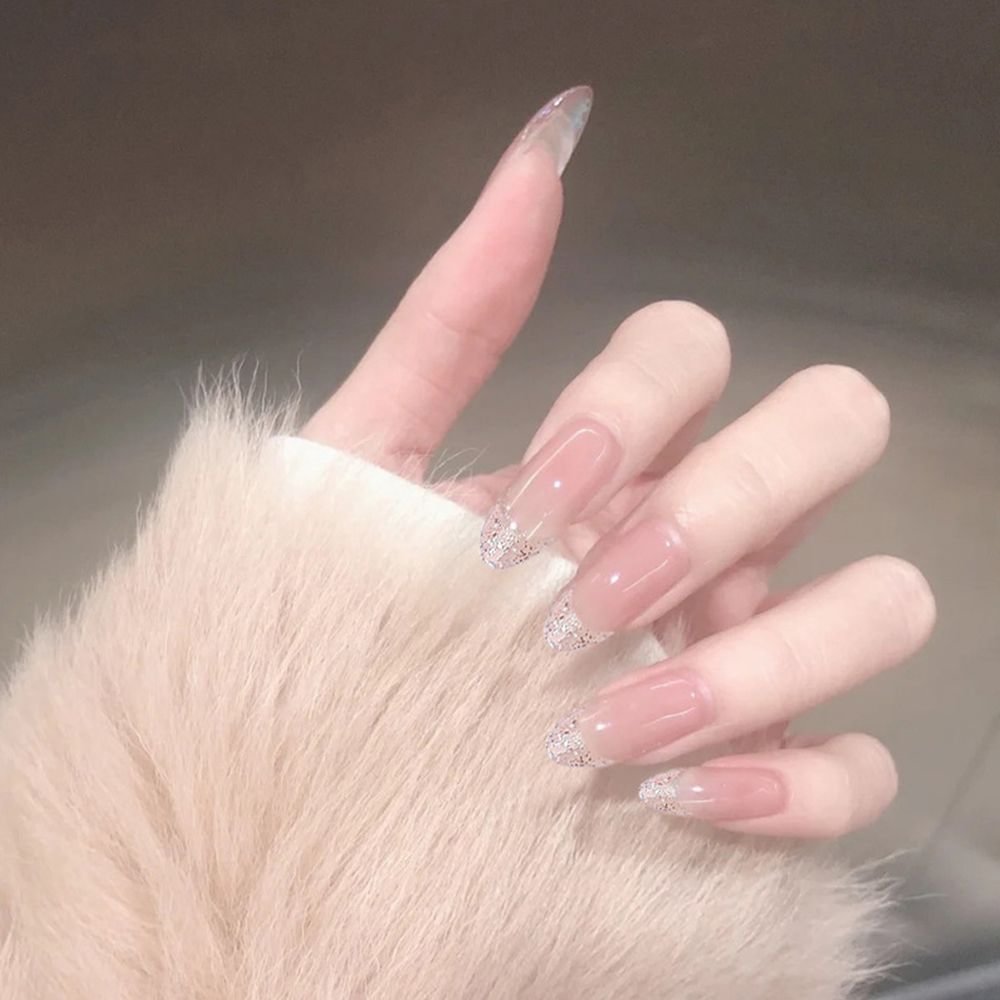 Shiny Fake Nails Nude Extra Long Coffin Full Cover Glossy Artificial False Nails Long Ballerina Press On Nails with Glue Sticker