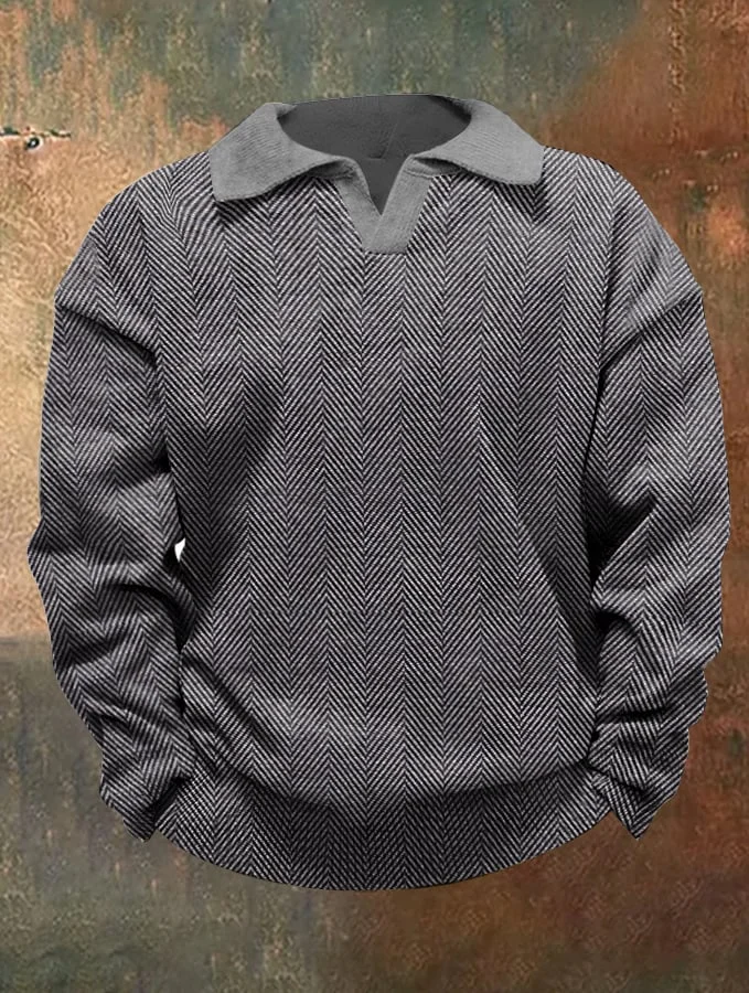 Men's Western Vintage Herringbone Lapel Long Sleeve Sweater