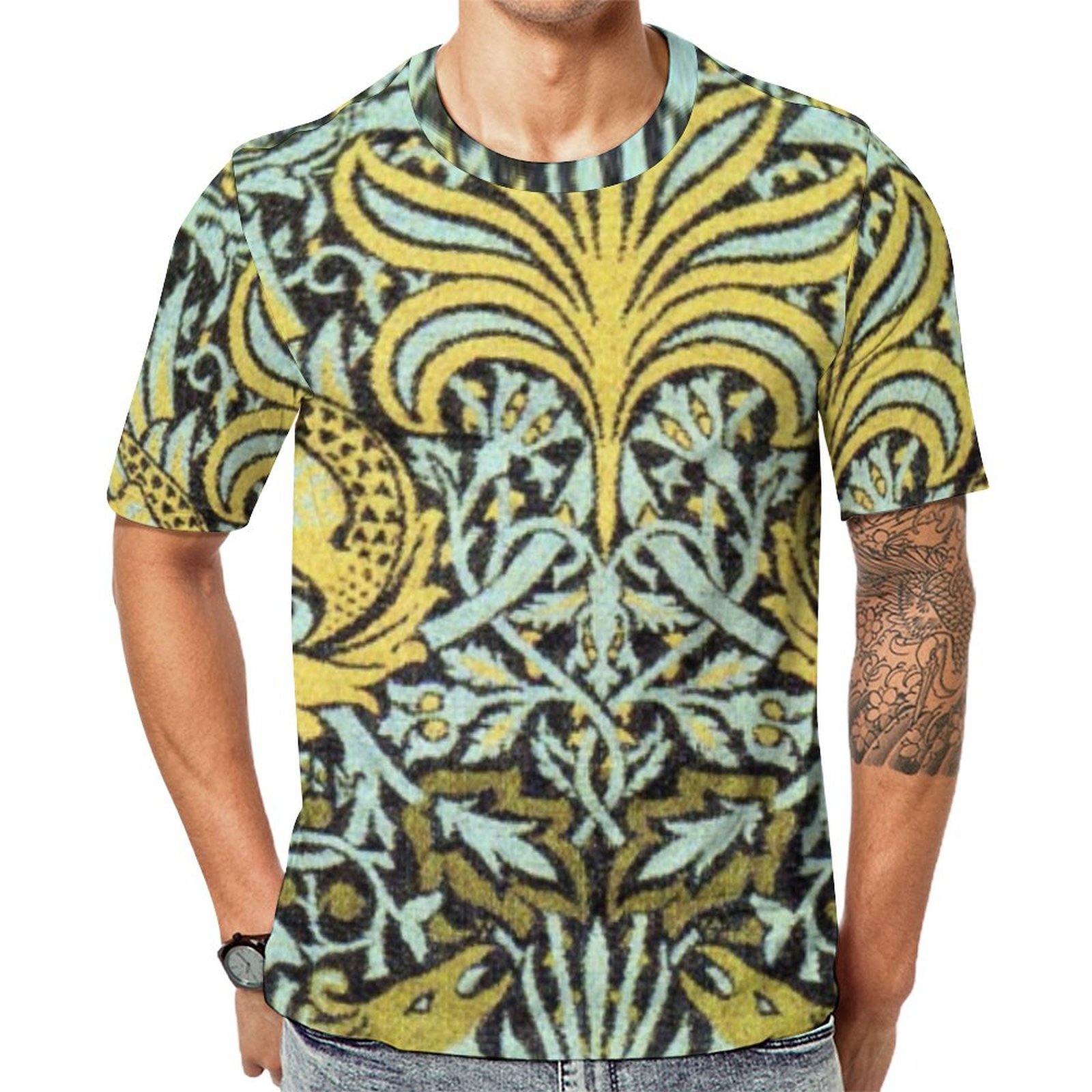 Flowers Peacocks Dragons Yellow Black White Short Sleeve Print Unisex Tshirt Summer Casual Tees for Men and Women Coolcoshirts