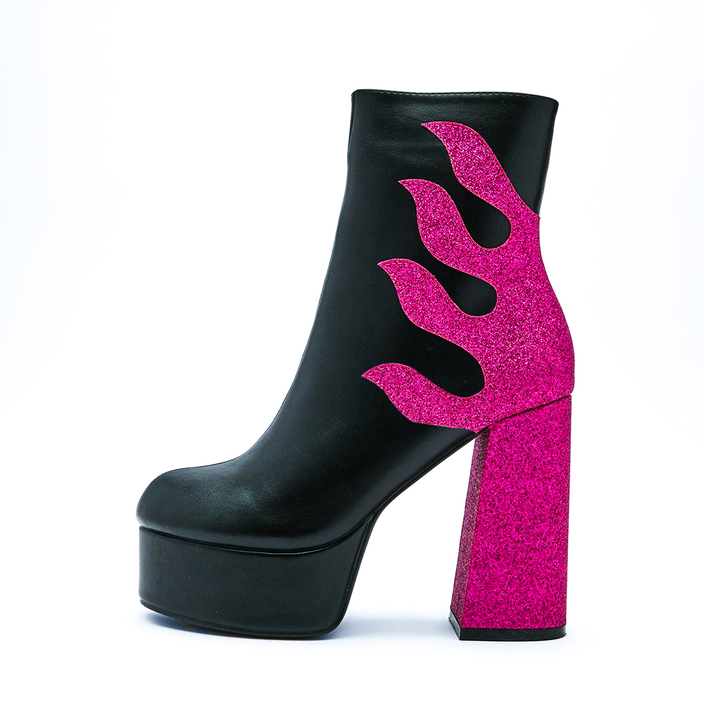 Pink and Black Texture Ankle Boots Platform Boots High Chunky Boots Nicepairs