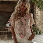 Women's Pink Flower Embroidered Art Short Sleeve T-shirt - Image 2