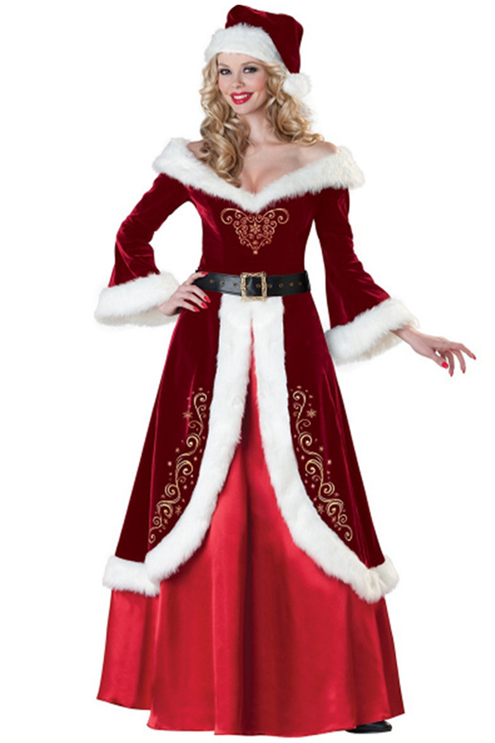 Plus Size Christmas Burgundy Off The Shoulder Flare Sleeve Plush Layered Hat Belt Maxi Dress