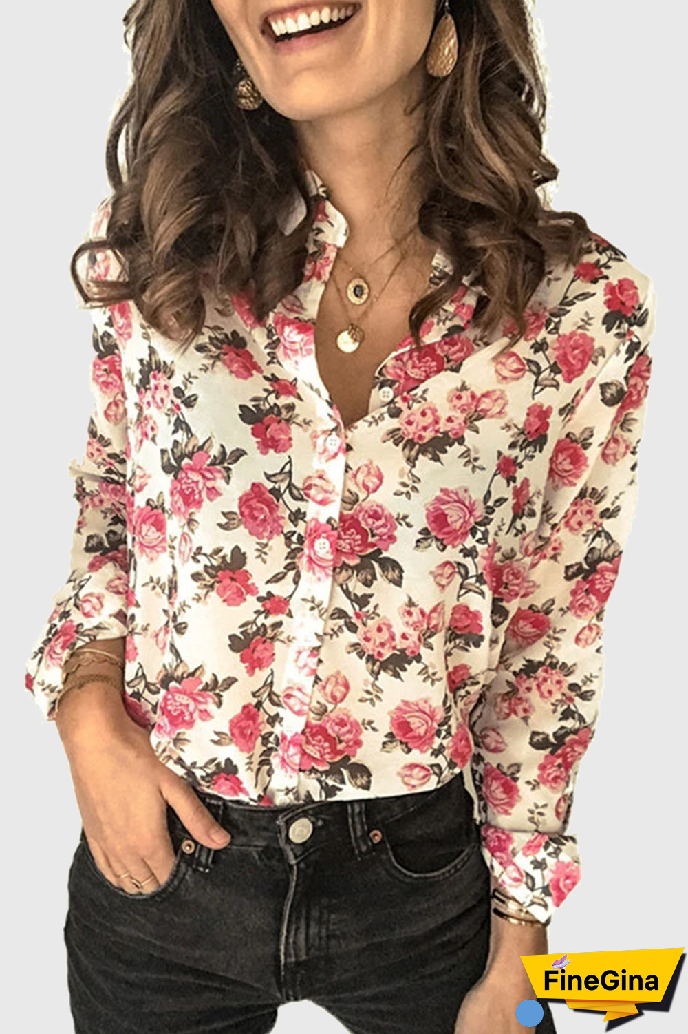 Elegant Floral Buckle Mandarin Collar Tops