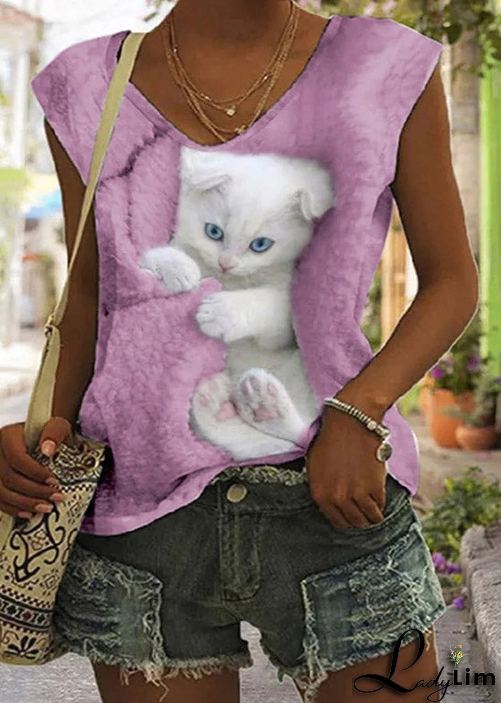 Plus Size White V Neck Little Rabbit Print Vest Summer