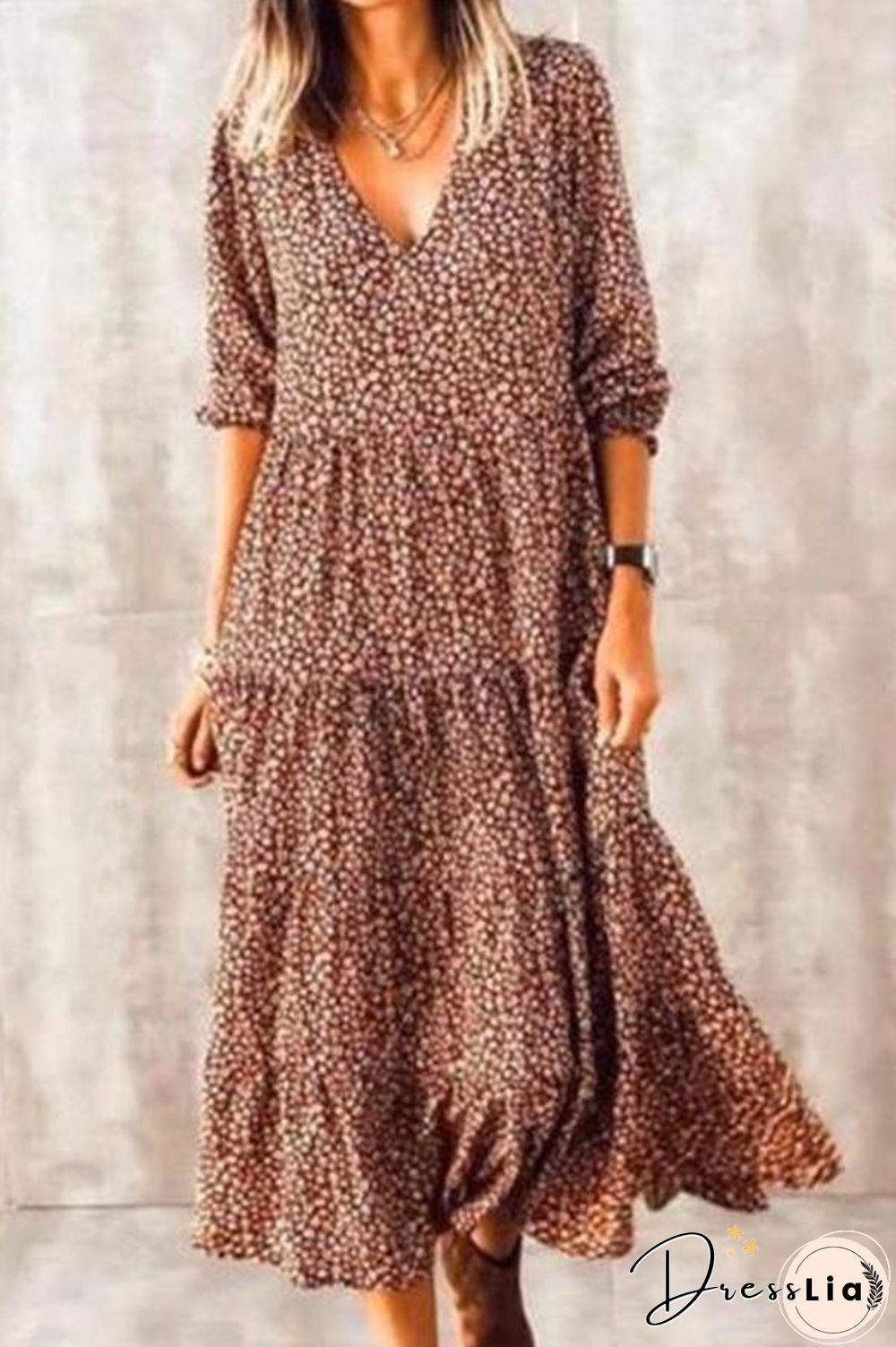 Boho Print V-Neck Loose-Fit Calf-Legnth Dress P10330