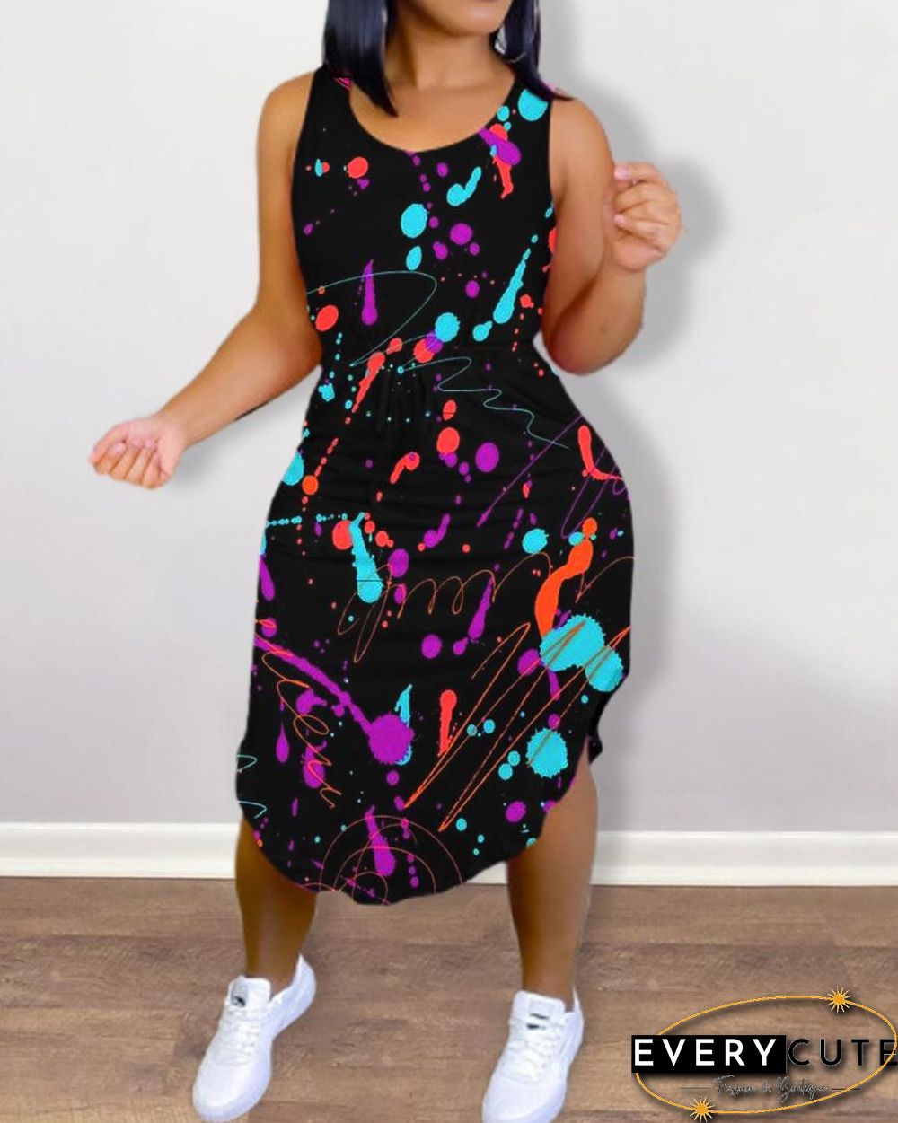 Ink Splash Print Strap Sleeveless Slim Midi Dress