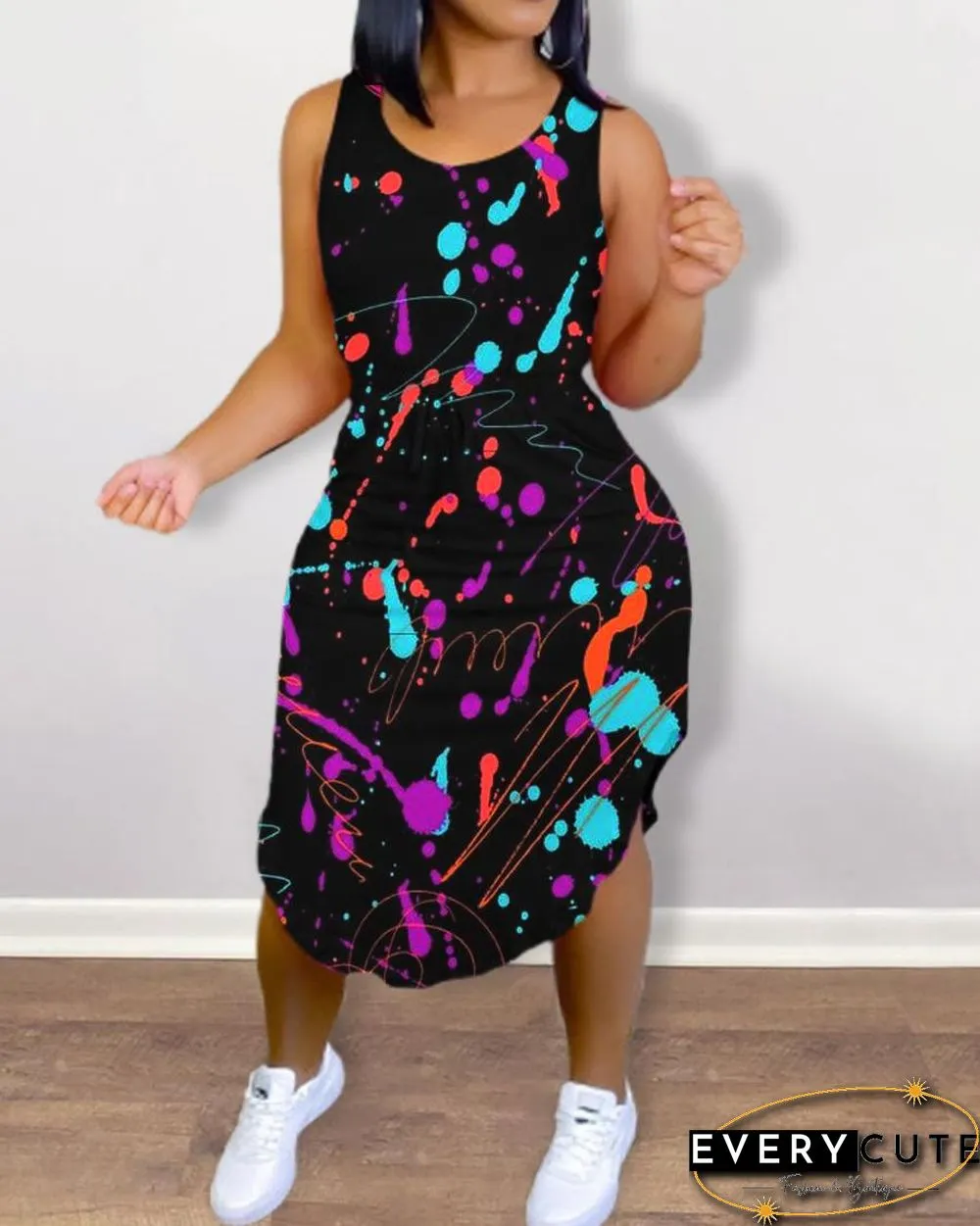Ink Splash Print Strap Sleeveless Slim Midi Dress