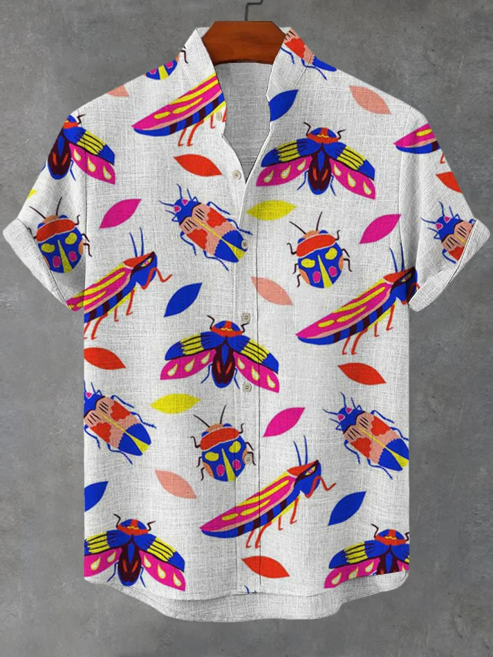 Men's Colorful Beetle Insect Art Print Linen Blend Shirt