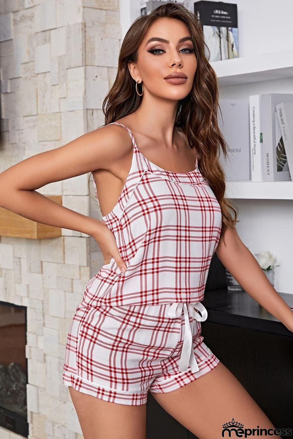 Plaid Cami and Tie-Front Shorts Pajama Set