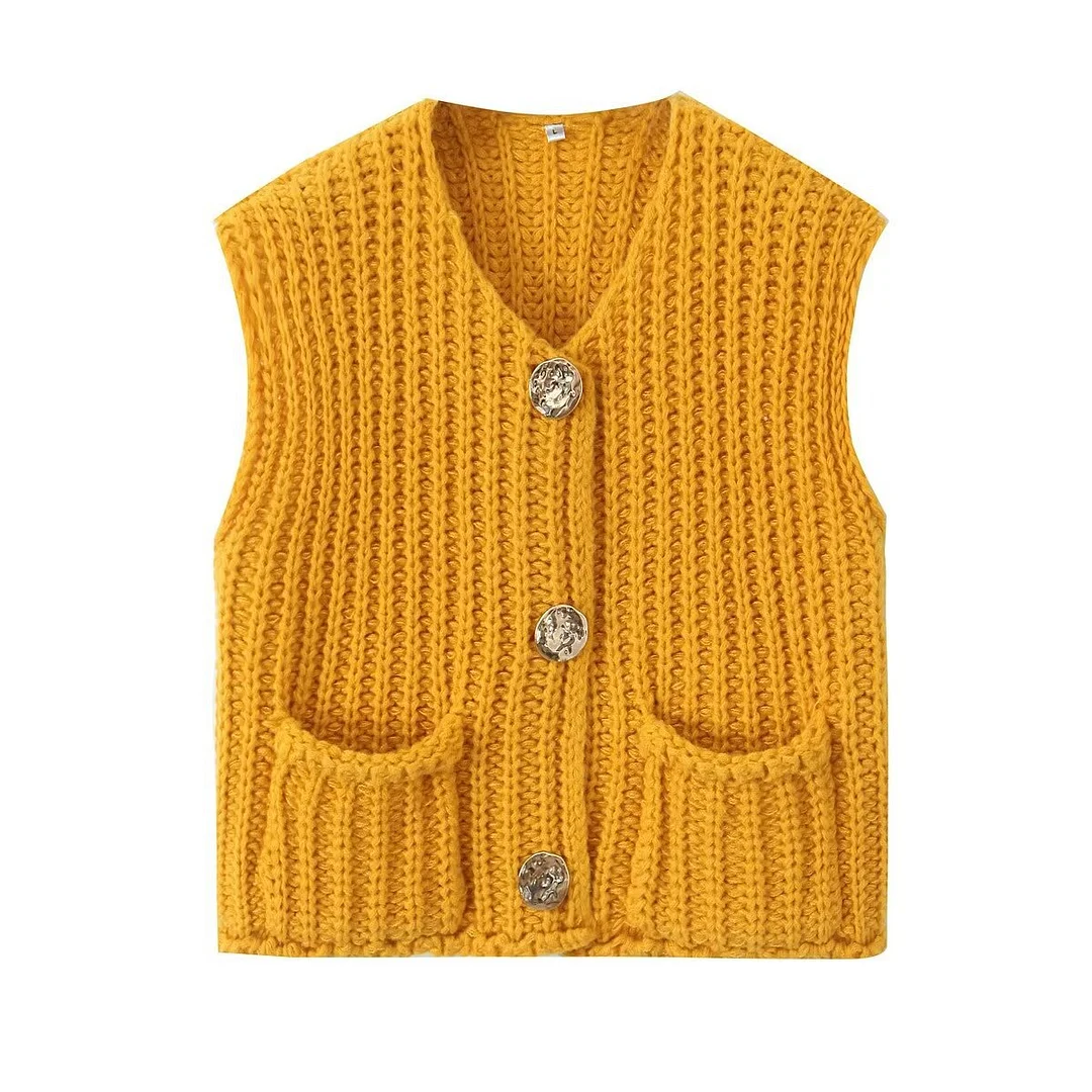 Nigikala Nigikala 2025 Spring And Autumn 2025 New Women's Pocket Sleeveless Short Knitted Cardigan Vest