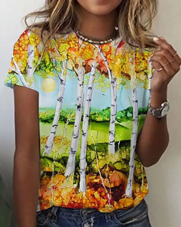 Women's Floral Trees Abstract Pattern Crew Neck T-shirt