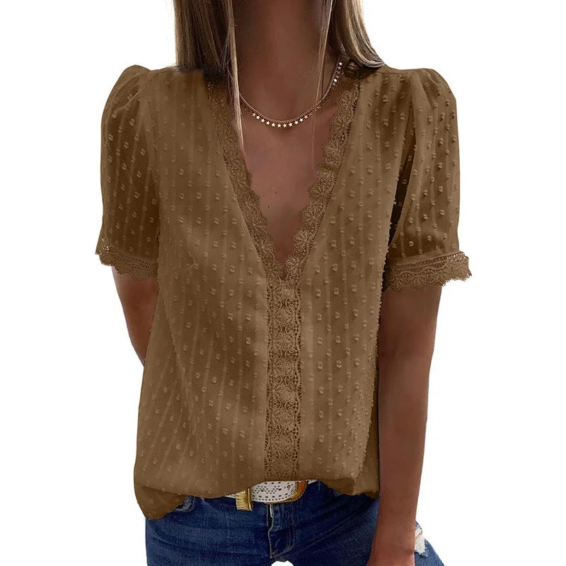 Women's Shirt Pure Color Jacquard V-neck Short Sleeves