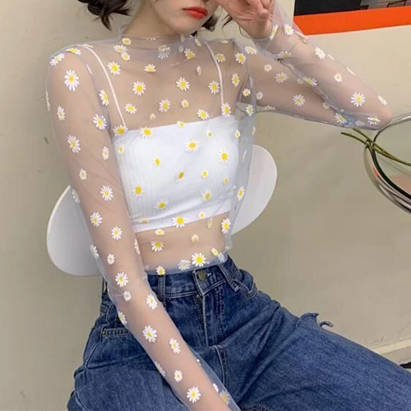 New small fresh summer daisy flower net cloth printed T-shirt Korean women long-sleeved fishnet T-shirt top Fashion sun protecti