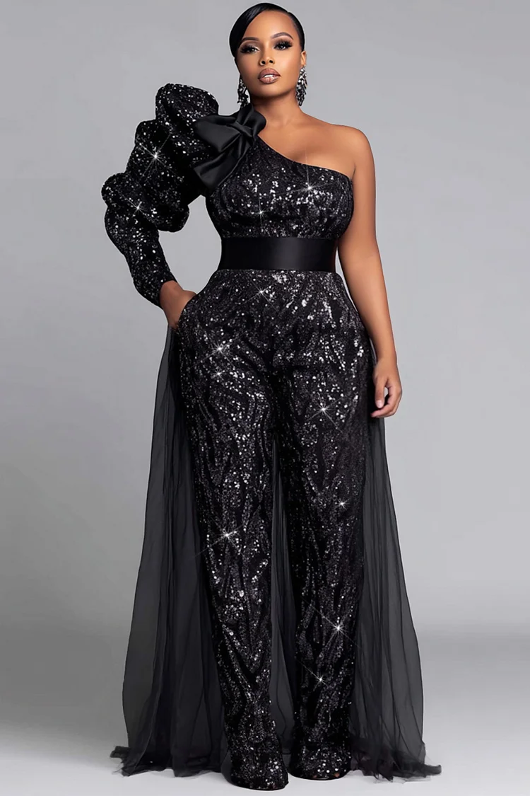 Xpluswear Design Plus Size Formal Black One Shoulder Long Sleeve Peplum Elegant Pocket Sequin Jumpsuits [Pre-Order]