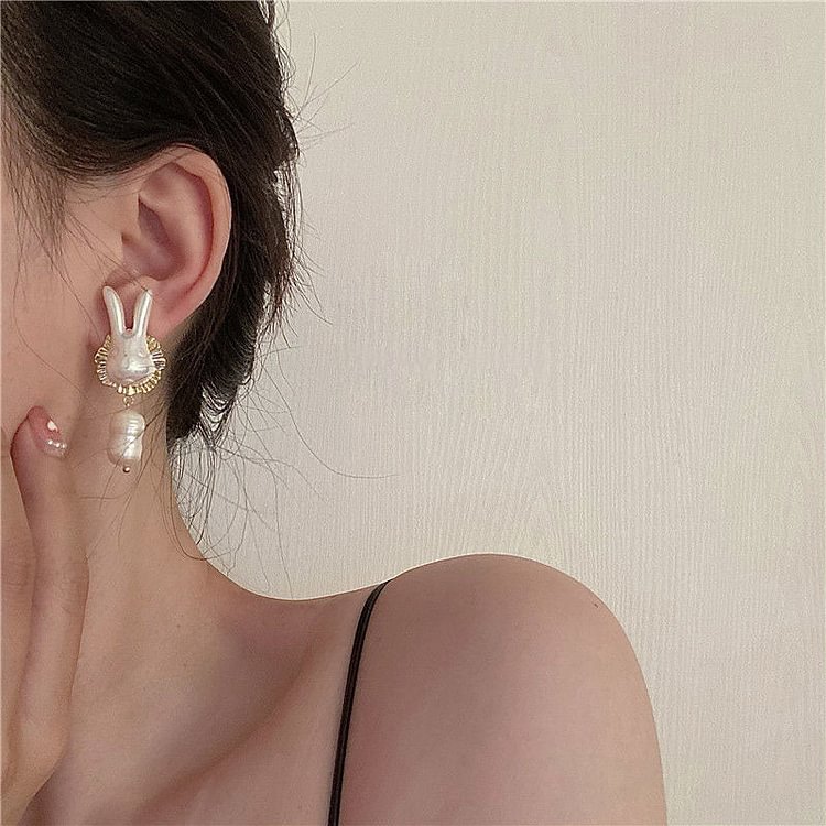 Metal Cute Rabbit Shape Baroque Pearl Drop Earrings